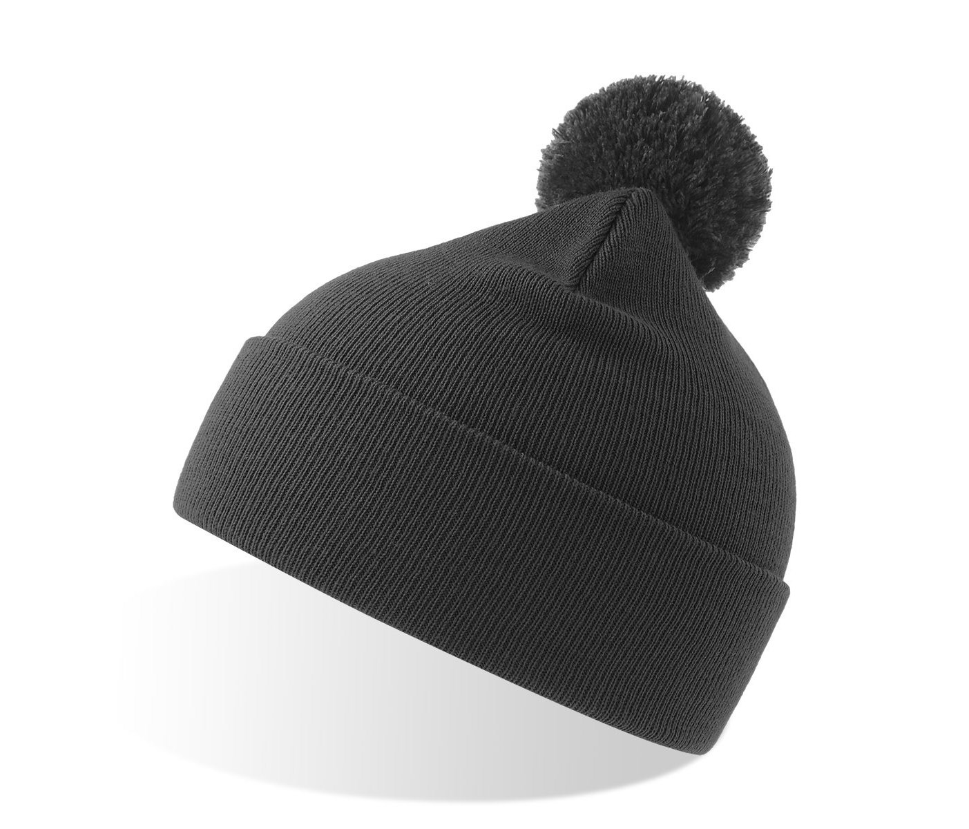 Шапка вязаная  двойная Wind-S, с отворотом и помпоном, тёмно-серый, 100% переработанный полиэстер
