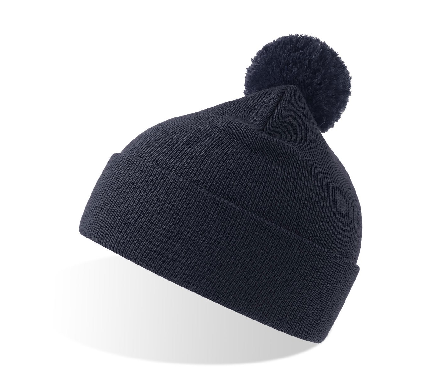Шапка вязаная  двойная Wind-S, с отворотом и помпоном, тёмно-синий, 100% переработанный полиэстер