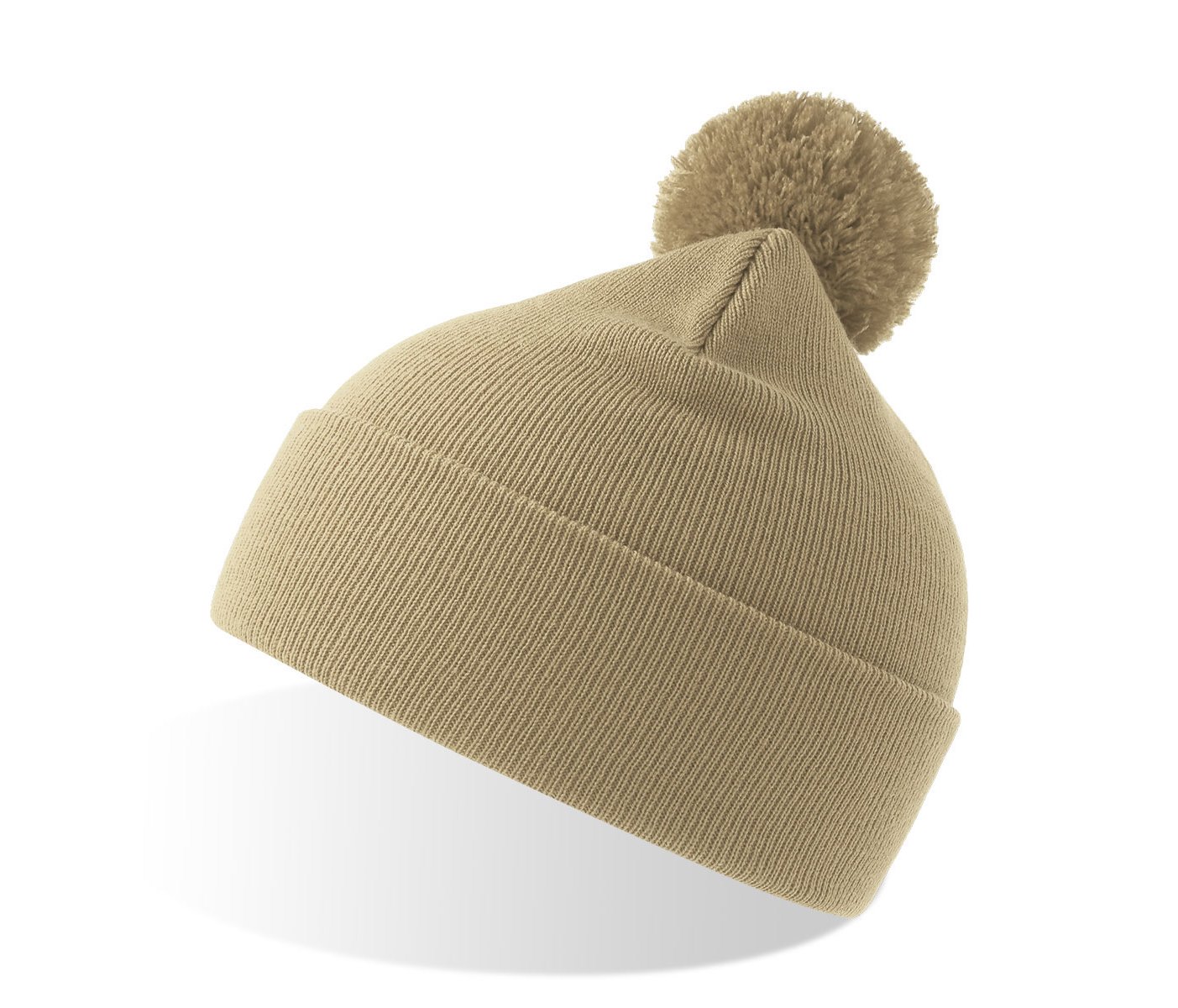 Шапка вязаная  двойная Wind-S, с отворотом и помпоном, бежевый, 100% переработанный полиэстер